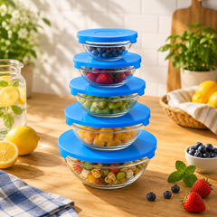 Premium 5-Piece Glass Bowl Set with Airtight Blue Lids – Stackable Kitchen Storage & Serving Bowls