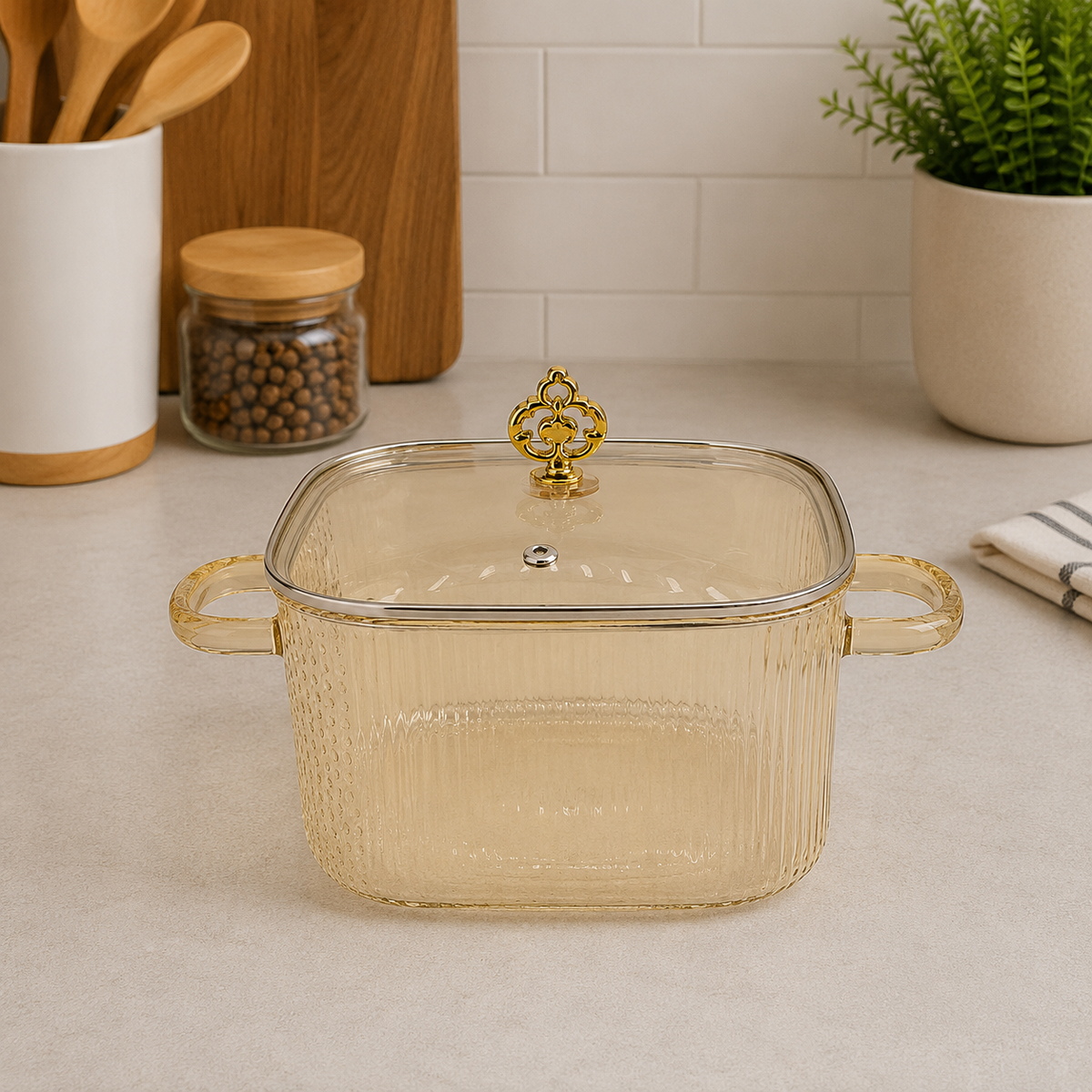 3200ML Glass Cooking Pot with Lid | Square Glass Cooking Pot