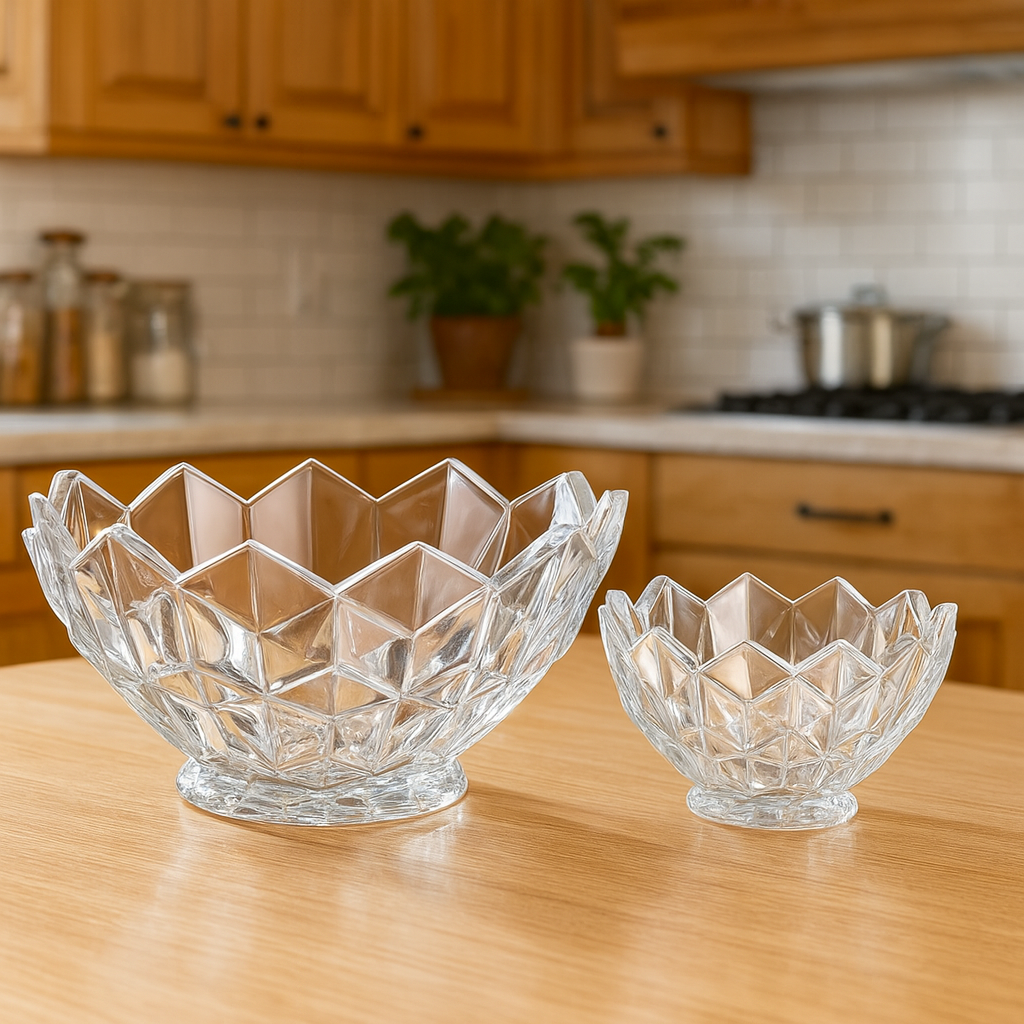 Clear Crystal-Cut Pressed-Glass 7-Piece Fruit Bowl Set – 200/105 mm Small Bowls - Habitt