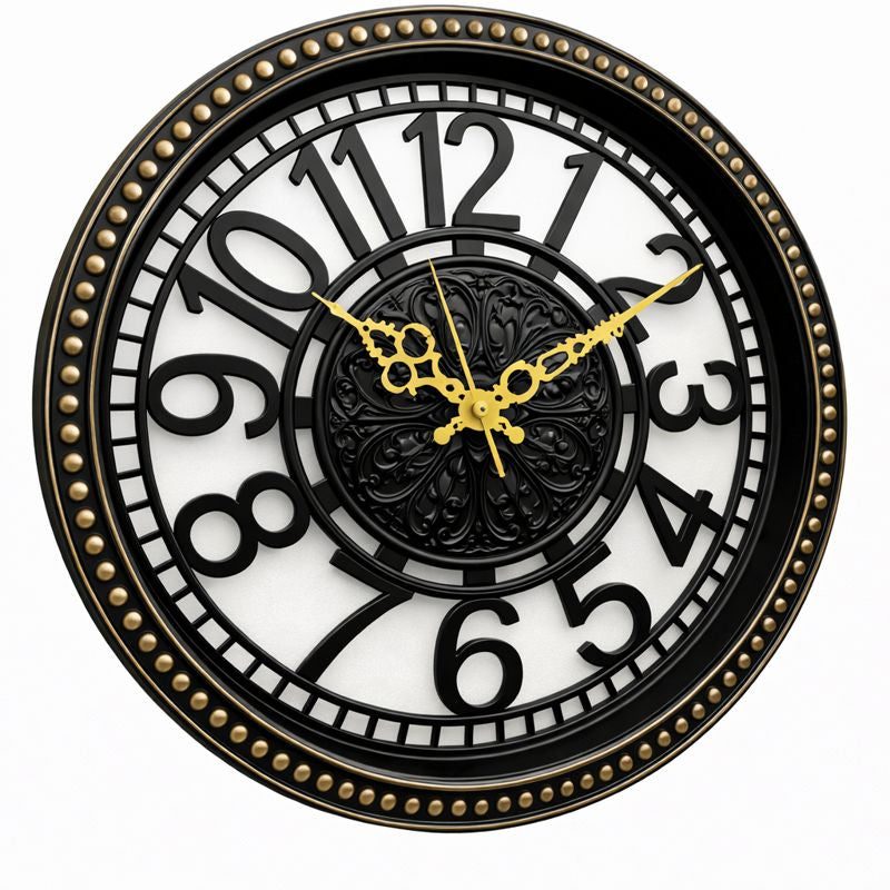 Heritage Retro Wall Clock 15 Inch – Black & Gold Vintage Design with Ornate Center and Raised Numerals (Plastic) - Habitt