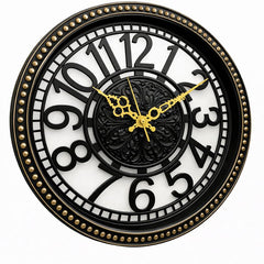 Heritage Retro Wall Clock 15 Inch – Black & Gold Vintage Design with Ornate Center and Raised Numerals (Plastic) - Habitt