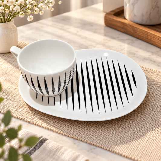 Stylish 1-Piece Striped Cup and Saucer Set – Black & White