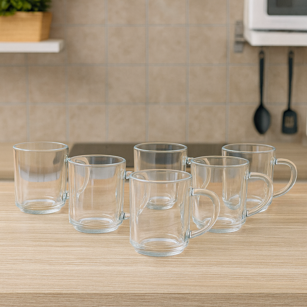 Classic Clear Glass Mug 240 ml – Durable Everyday Tea & Coffee Mug (6 Pcs) - Habitt