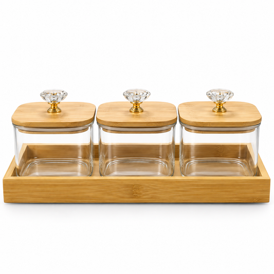 3-Piece Jar Set with Tray & Lids – Decorative Kitchen Storage Jars for Dry Fruits, Nuts, Snacks & Sweets
