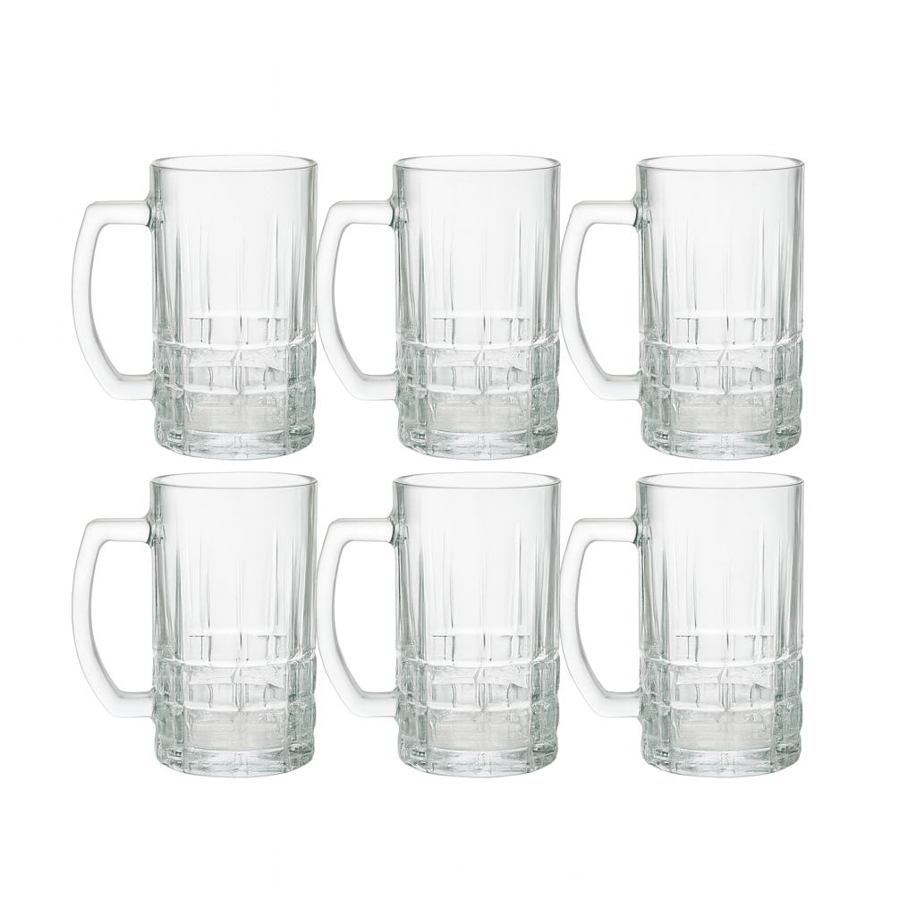 Premium Textured Clear Glass Juice Mug 400 ml with Handle – Set of 6 | Durable Drinkware for Home & Café - Habitt