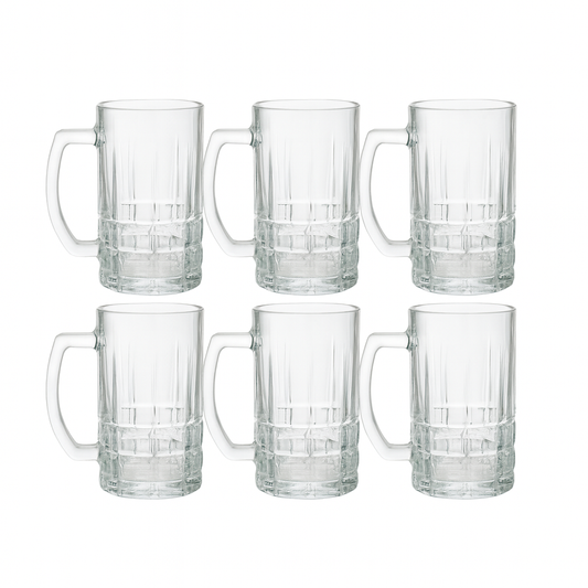Premium Textured Clear Glass Juice Mug 400 ml with Handle – Set of 6 | Durable Drinkware for Home & Café - Habitt