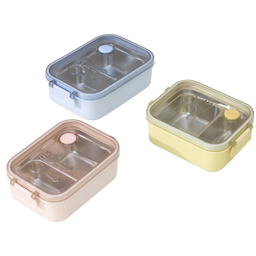 1Pc SS Lunch Box with Pressure Hole – Three-Section Food Container for School & Office (Brown, Yellow, Blue) - Habitt
