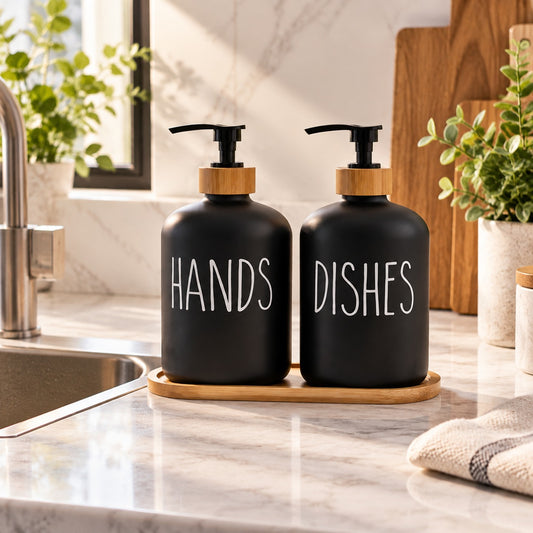 2 Pcs Liquid Dispenser With Wooden Tray | Stylish Dispenser Set