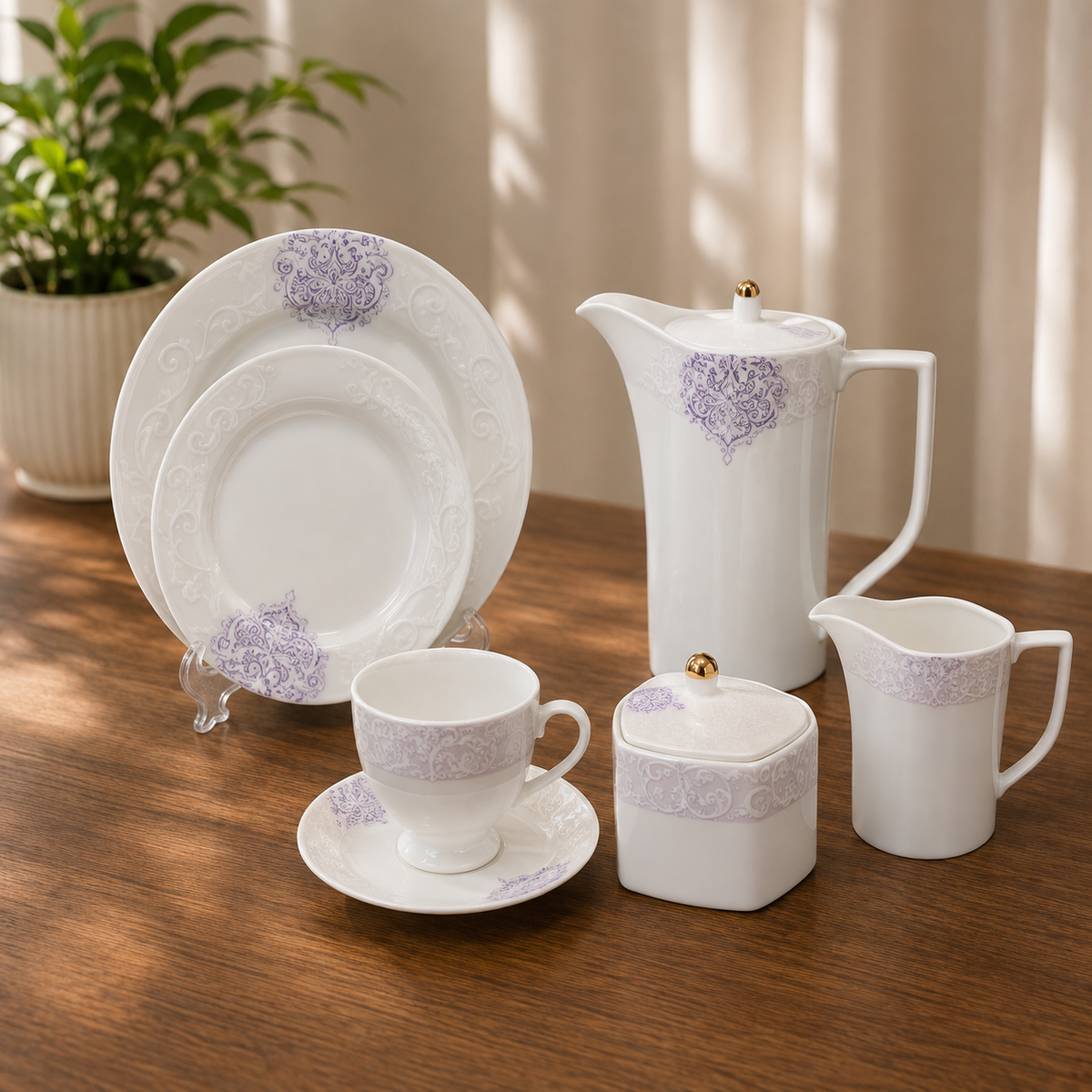 Print Tea Kettle Set Blue Emblem 24 Pieces | Ceramic Tea Serving Set