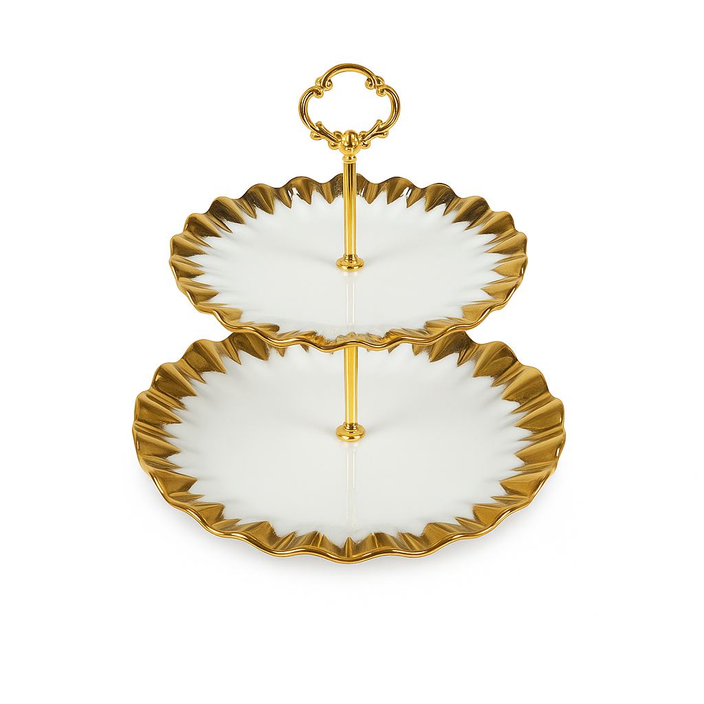 Super Dine 2 Tier – White & Gold Ceramic Serving Stand - Habitt