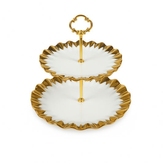 Super Dine 2 Tier – White & Gold Ceramic Serving Stand - Habitt