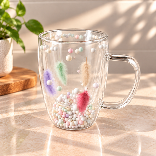 Pastel Feather Glass Mug – 450ml Transparent Decorative Coffee & Tea Mug
