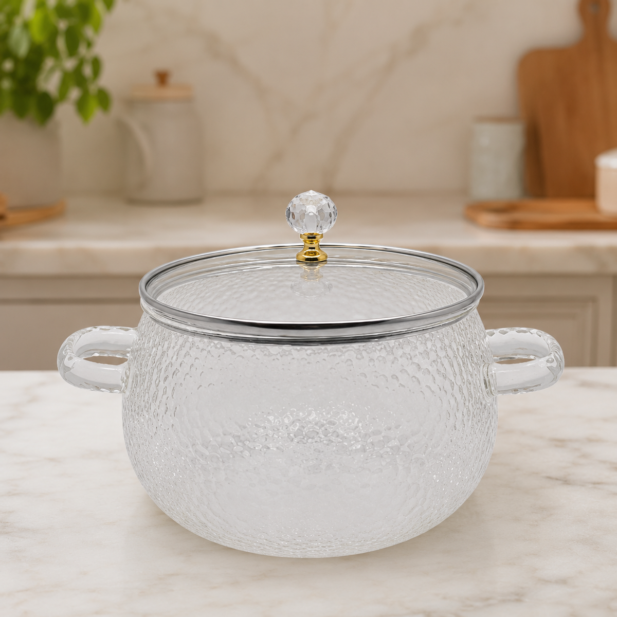 2500ML Textured Glass Cooking Pot with Lid | Round Glass Cooking Pot