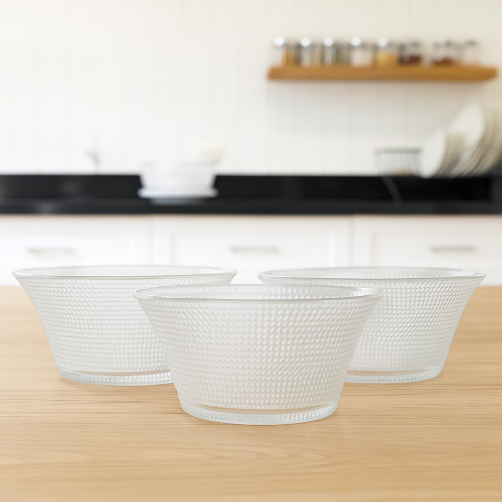 Deli Glassware Textured Clear Glass Bowl Set – 3 Pieces, 223 mm Diameter - Habitt