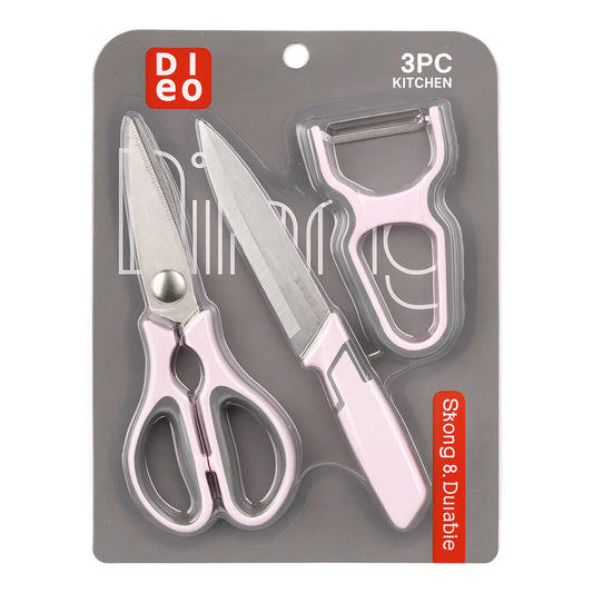 3 Pcs  Kitchen Knife, Scissors & Peeler Set – White, Green, Pink - Habitt