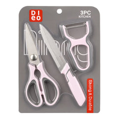 3 Pcs  Kitchen Knife, Scissors & Peeler Set – White, Green, Pink - Habitt