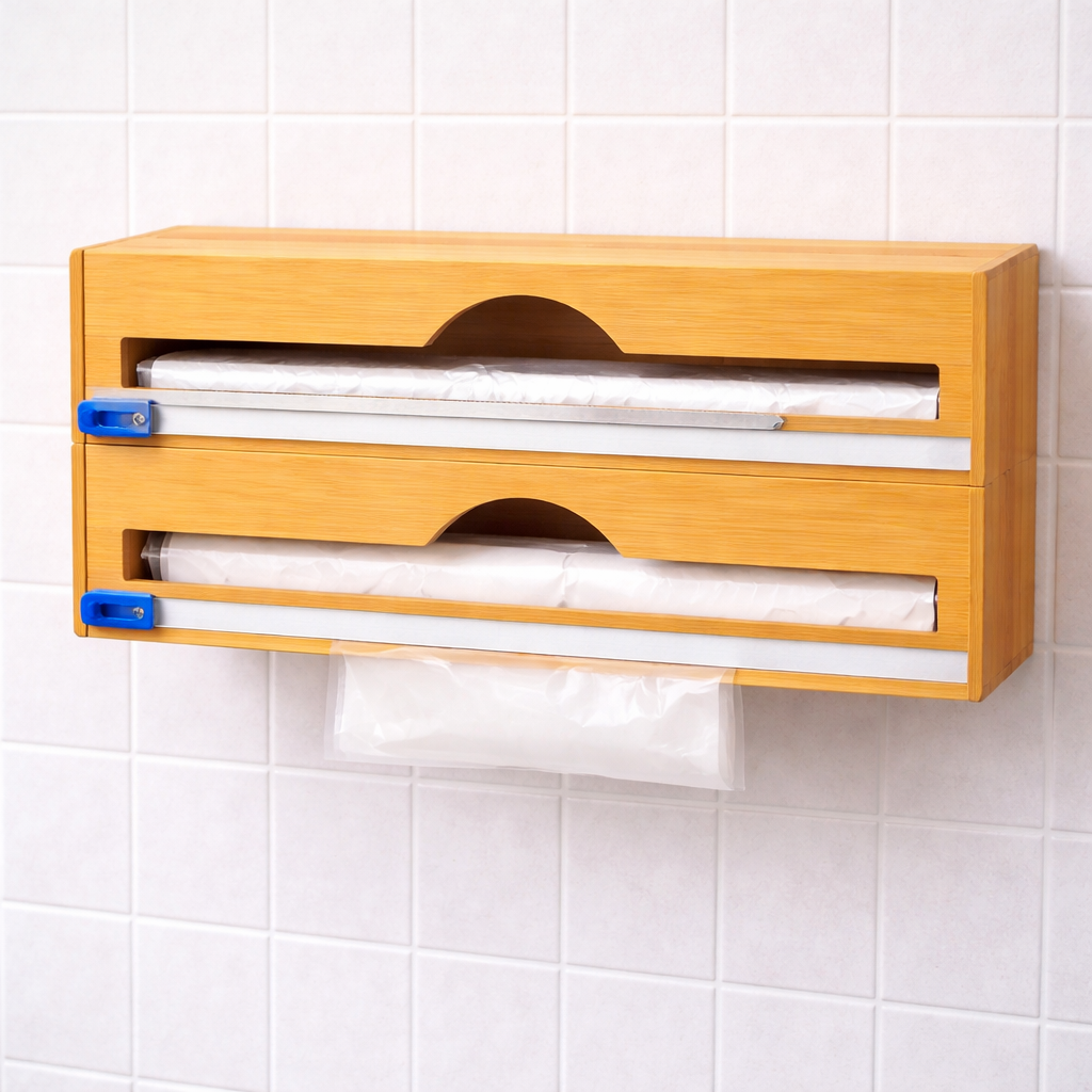 Layers Kitchen Plastic Wrap Dispenser with Cutter – Dual Slot Organizer - Habitt
