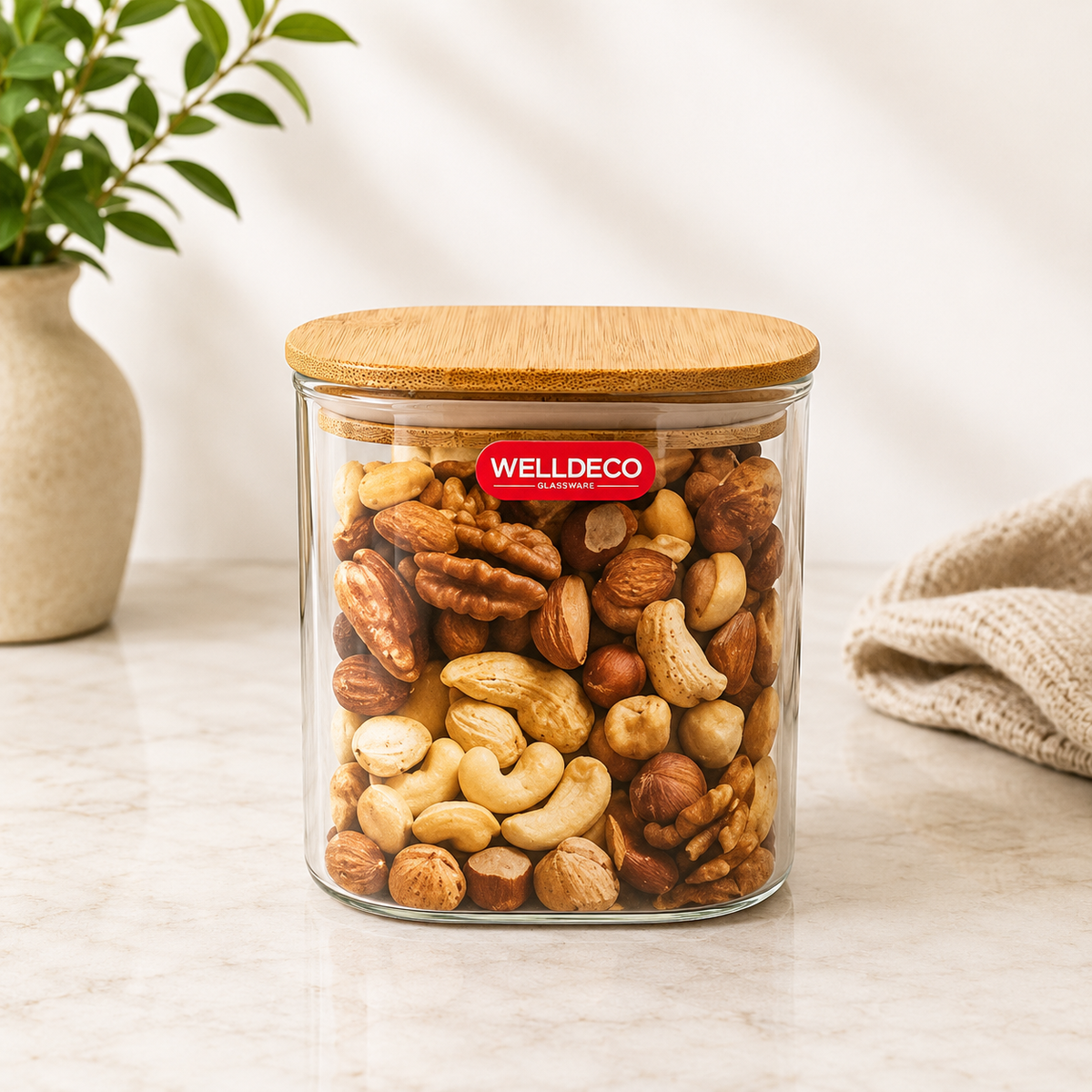Transparent Storage Jar with Wooden Lid, Square Shape, Clear, Medium - Habitt