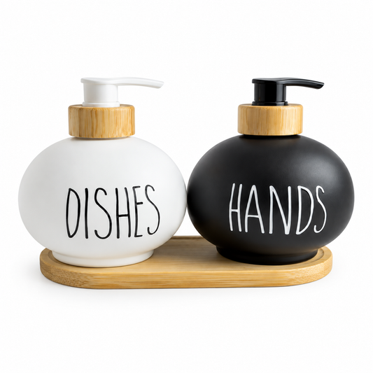 Hands & Dishes Glass Soap Dispenser Set with Wood Base – Square & Round