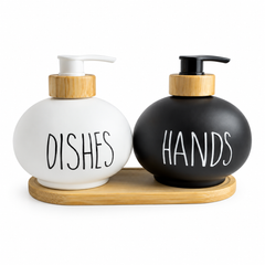 Hands & Dishes Glass Soap Dispenser Set with Wood Base – Square & Round