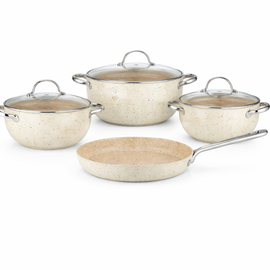 Mondea 7 Pcs Cookware Set – Marble Coated Aluminium Pots & Fry Pan with Glass Lids - Habitt