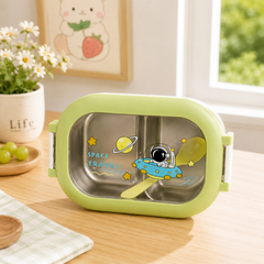 FRESH 2 Compartment Stainless Steel Lunch Box with Spoon | Leakproof Bento Lunch Box for School, Office & Travel | Pink, Blue & Green