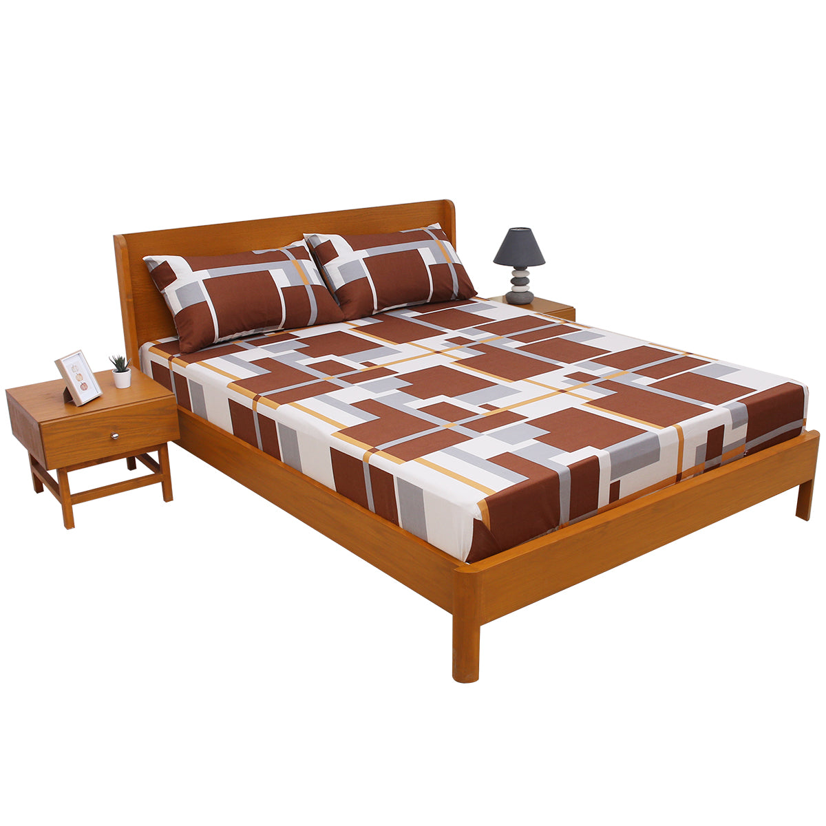 Pretty Double Bed Sheet (90x96) with 2 Pillow Covers – 100% Cotton Geometric Print in Brown, Grey & Mustard - Habitt