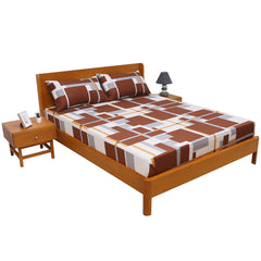 Pretty Double Bed Sheet (90x96) with 2 Pillow Covers – 100% Cotton Geometric Print in Brown, Grey & Mustard - Habitt