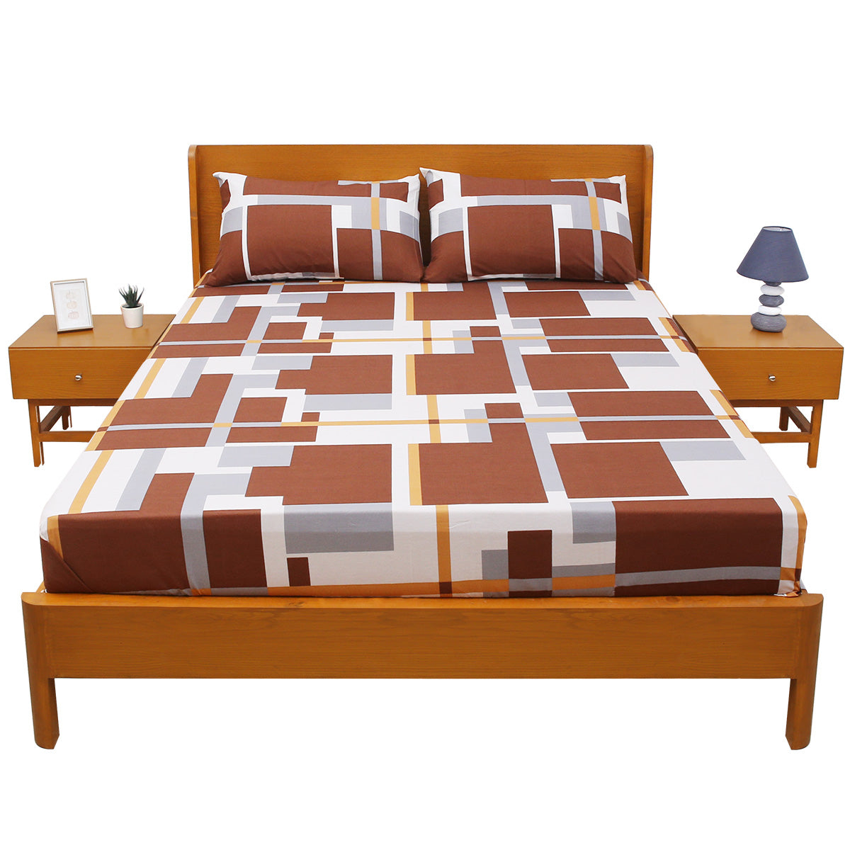 Pretty Double Bed Sheet (90x96) with 2 Pillow Covers – 100% Cotton Geometric Print in Brown, Grey & Mustard - Habitt