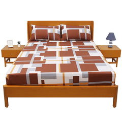Pretty Double Bed Sheet (90x96) with 2 Pillow Covers – 100% Cotton Geometric Print in Brown, Grey & Mustard - Habitt