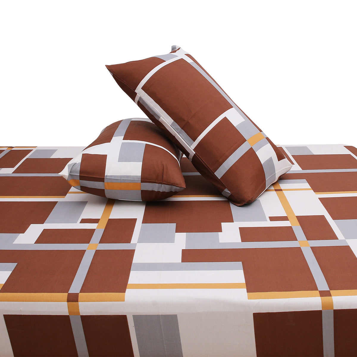 Pretty Double Bed Sheet (90x96) with 2 Pillow Covers – 100% Cotton Geometric Print in Brown, Grey & Mustard - Habitt