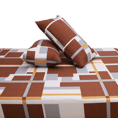 Pretty Double Bed Sheet (90x96) with 2 Pillow Covers – 100% Cotton Geometric Print in Brown, Grey & Mustard - Habitt