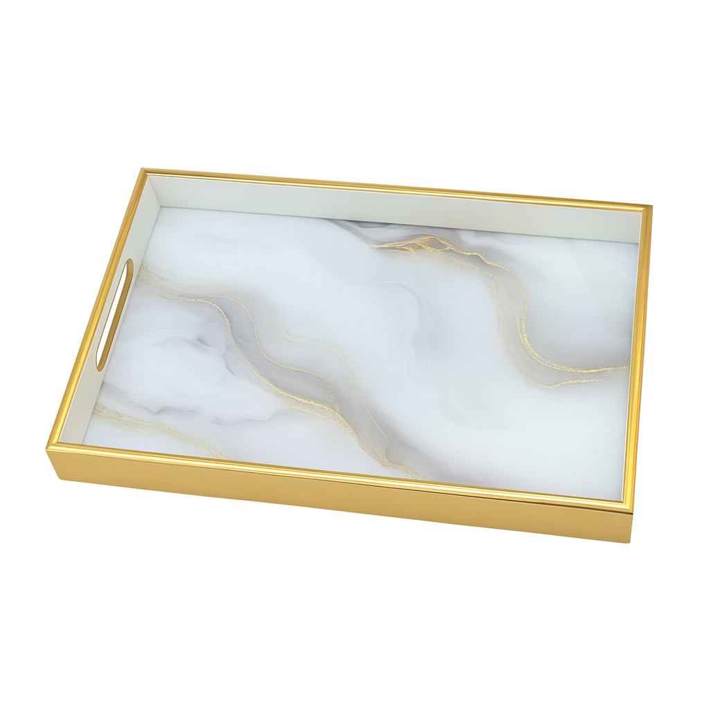 2 Pcs Glass Tray Set – Marble Design with Golden Frame - Habitt