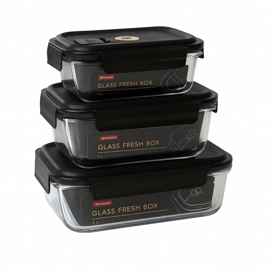 Glass Storage Box Set with Black Airtight Lids – 630ml, 1000ml, 1500ml - Habitt