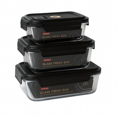 Glass Storage Box Set with Black Airtight Lids – 630ml, 1000ml, 1500ml - Habitt