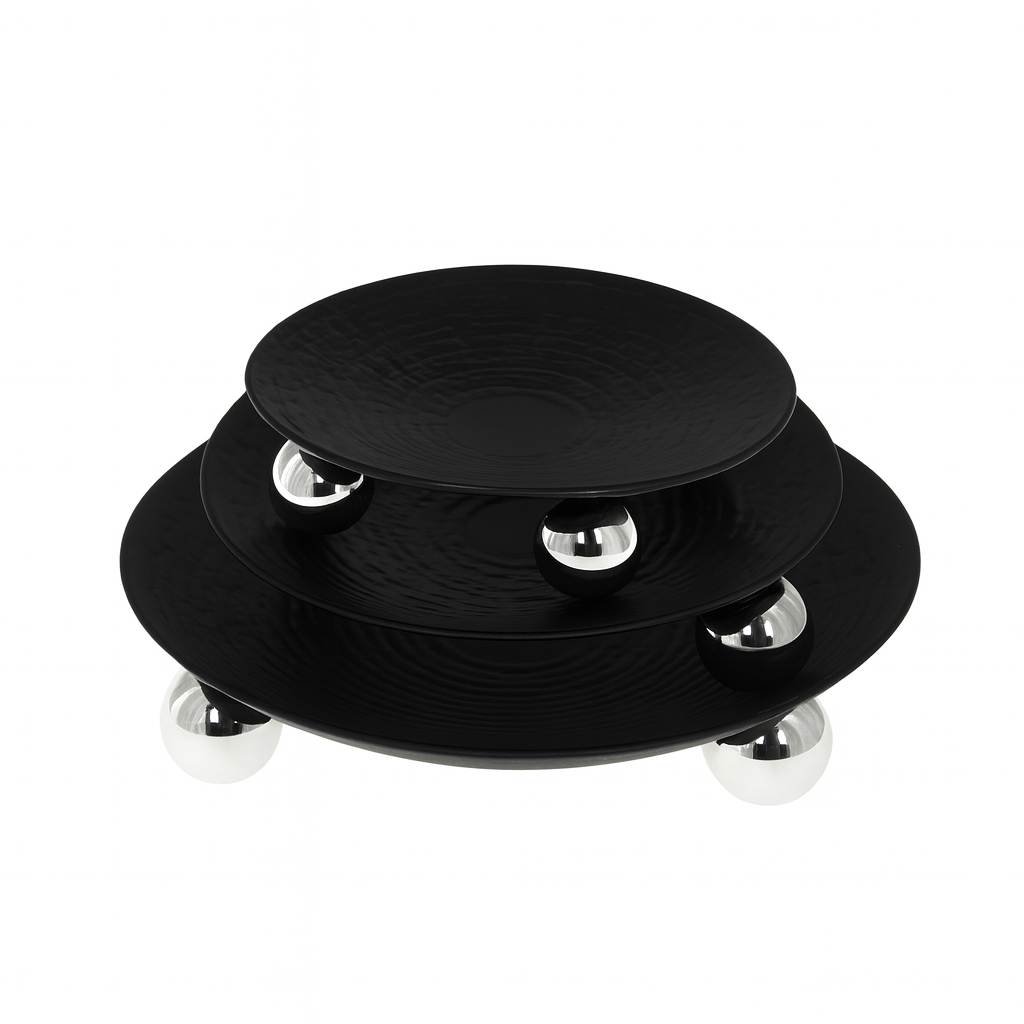 1 Pc Round Iron Tray – Black Finish with Silver Ball Stands - Habitt