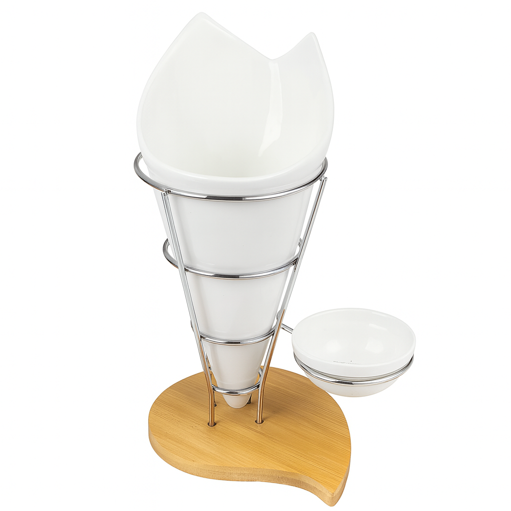 Ceramic Fries Stand with Metal Frame & Wooden Base – Snack Cone with Sauce Bowl - Habitt
