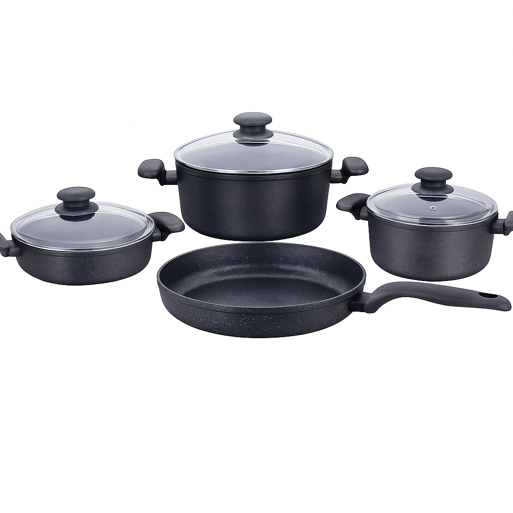 Ornella 7-Piece Non-Stick Cookware Set – Premium Black Aluminum Pots & Pans with Glass Lids, Induction Compatible - Habitt