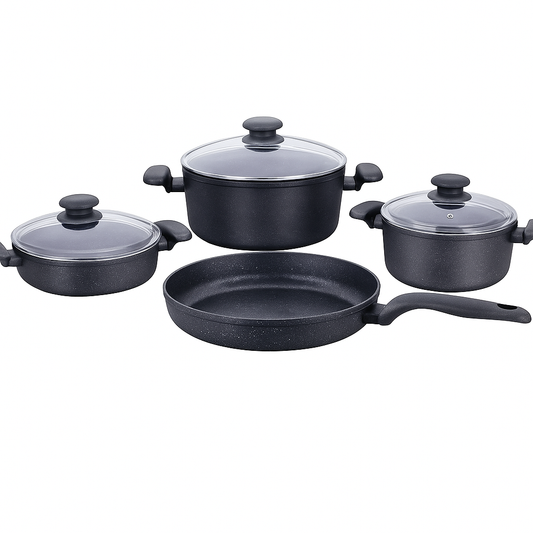 Ornella 7-Piece Non-Stick Cookware Set – Premium Black Aluminum Pots & Pans with Glass Lids, Induction Compatible - Habitt