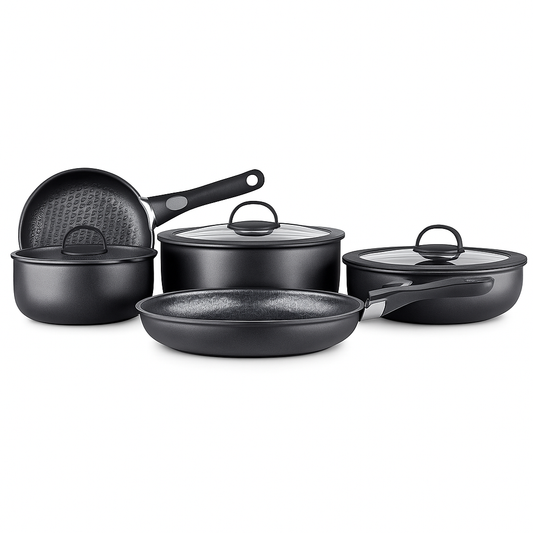 Neta 10-Piece Non-Stick Cookware Set – Premium Black Granite Coated Pots & Pans with Glass Lids, Induction Compatible - Habitt