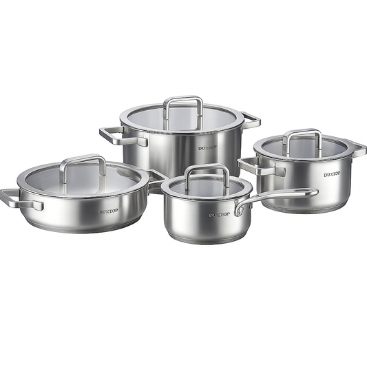 Lea 8-Piece Stainless Steel Cookware Set – Mirror Finish Pots & Pans with Glass Lids, Induction & Gas Compatible - Habitt