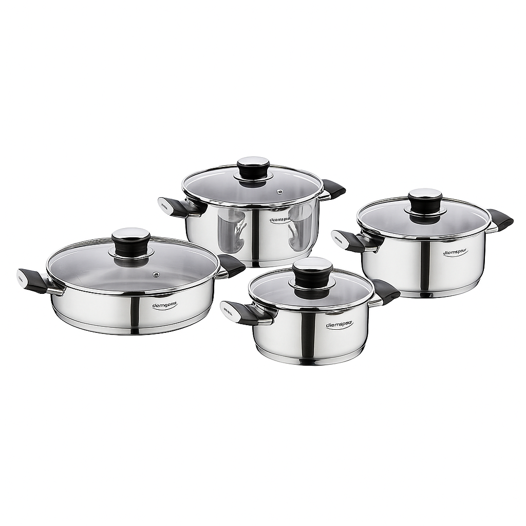 Pera 8-Piece Stainless Steel Cookware Set with Glass Lids - Habitt