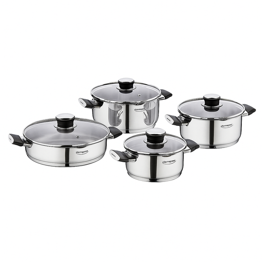 Pera 8-Piece Stainless Steel Cookware Set with Glass Lids - Habitt