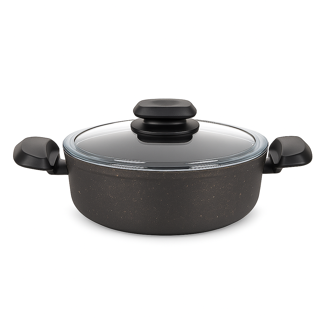 Ornella Aluminum Non-Stick Casserole with Glass Lid – Available in 20x10.5 cm (3.0 L), 24x6.5 cm & 28x7.5 cm (4.0 L) - Habitt