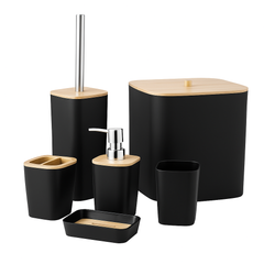 6-Piece Modern Bathroom Set – Matte Black & Wood-Finish Square Bathroom Accessories Collection - Habitt