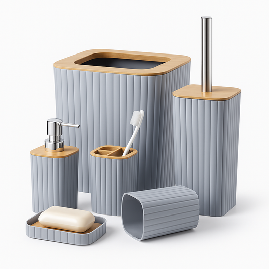 6-Piece Bathroom Set – Golden Line Edition, Premium Ribbed Bathroom Accessories with Wooden-Style Tops - Habitt