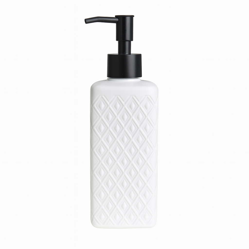 Long White Textured Liquid Soap Dispenser – Durable Plastic Refillable Bottle with Chrome Pump for Bathroom & Kitchen - Habitt