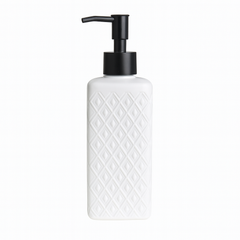 Long White Textured Liquid Soap Dispenser – Durable Plastic Refillable Bottle with Chrome Pump for Bathroom & Kitchen - Habitt