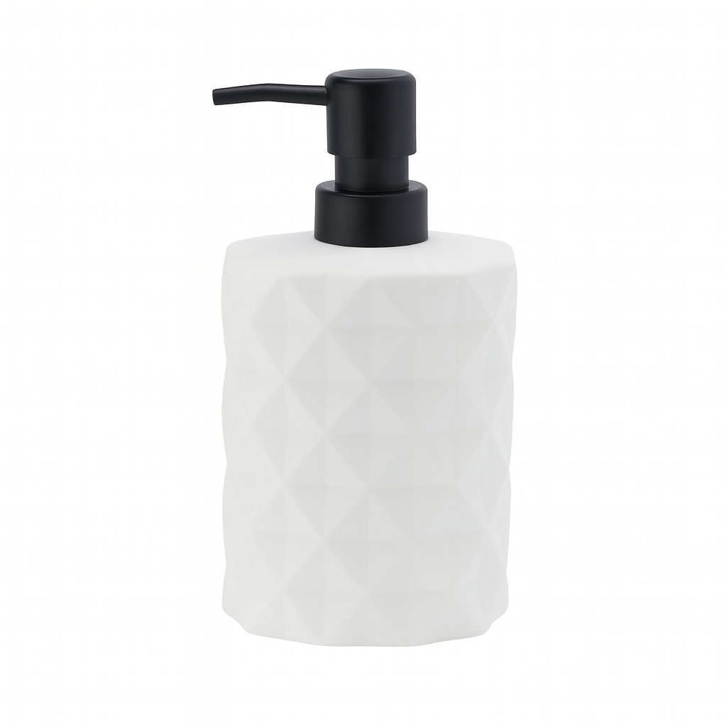 White Diamond-Pattern Liquid Soap Dispenser – Durable Plastic Refillable Bottle with Black Pump - Habitt