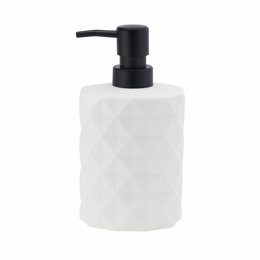 White Diamond-Pattern Liquid Soap Dispenser – Durable Plastic Refillable Bottle with Black Pump - Habitt